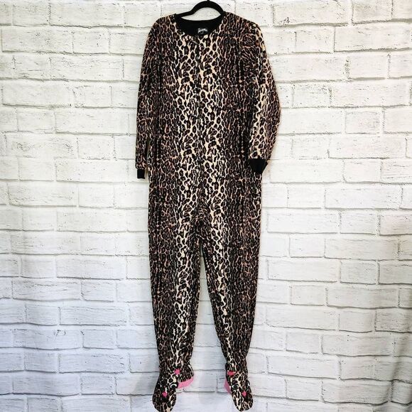 Nick & Nora Animal Print Long Sleeve Fleece Footed Jumpsuit Tan Black Large - Picture 1 of 13